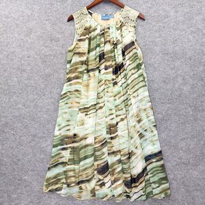 Simply Vera Wang Dress Sz L Green Cream Abstract Pleated Sleeveless Boho Comfort